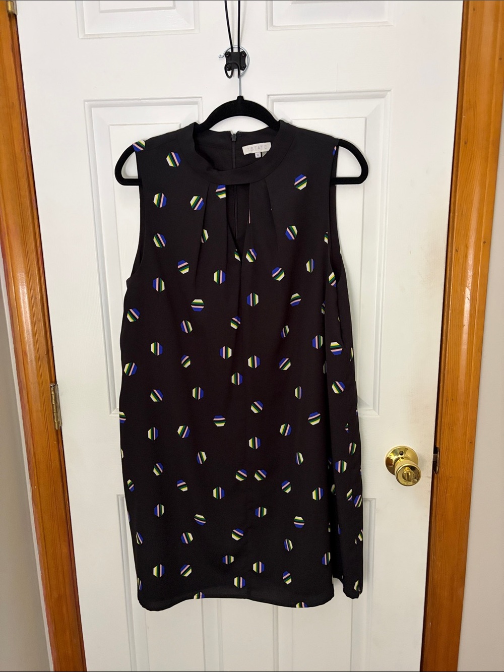 1. State Black Sleeveless Shift Dress with Multicolor Dot Motif